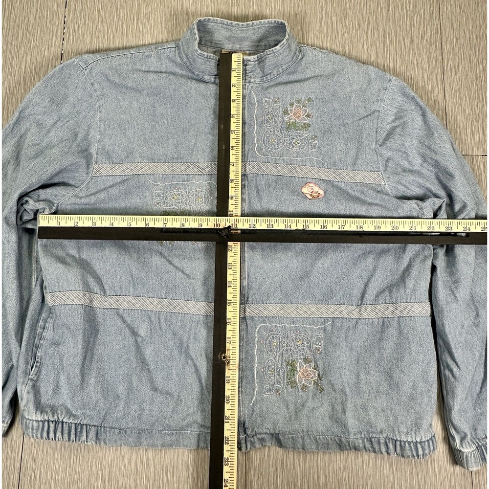 VINTAGE TEDDI Denim Full Zip Floral Embroidered Jean Jacket M/L - Picture 5 of 6